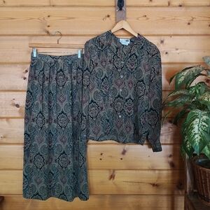 Leslie Fay Haberdashery Vintage Skirt Top Set 2 Pcs Pleated Paisley Stretch 8/10